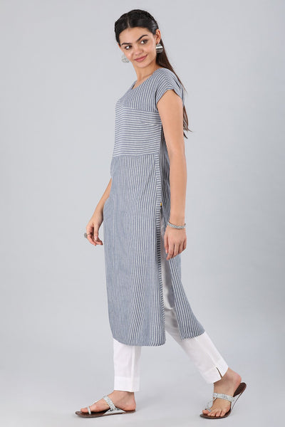 Blue Boat Neck Striped kurta
