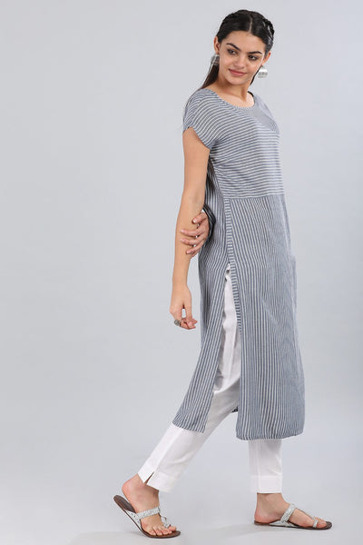 Blue Boat Neck Striped kurta