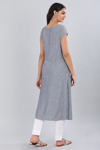 Blue Boat Neck Striped kurta