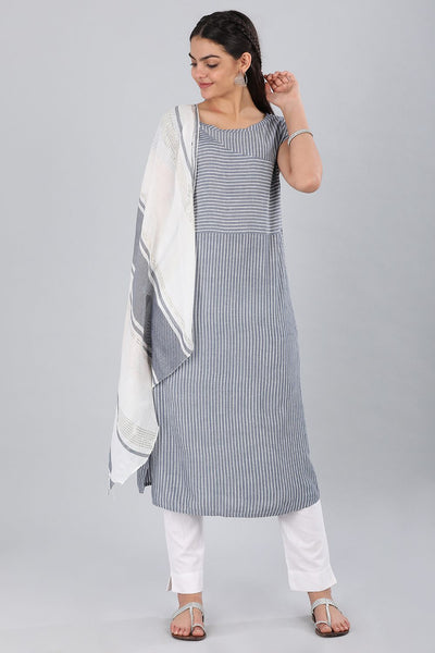 Blue Boat Neck Striped kurta