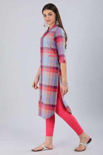 Blue Shirt Collar Checkered kurta