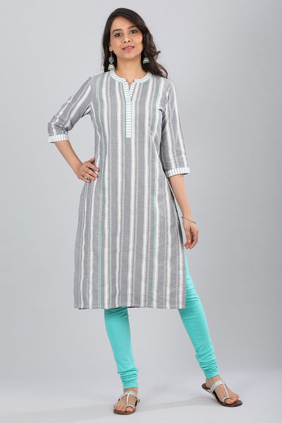Grey Band Collar Striped kurta
