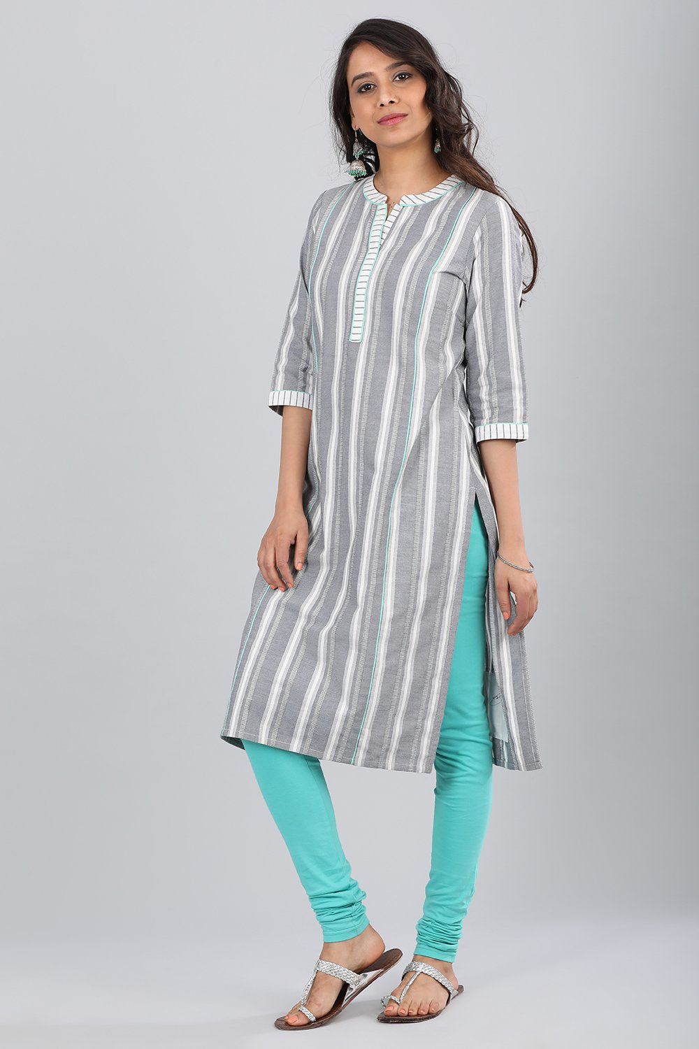 Grey Band Collar Striped kurta