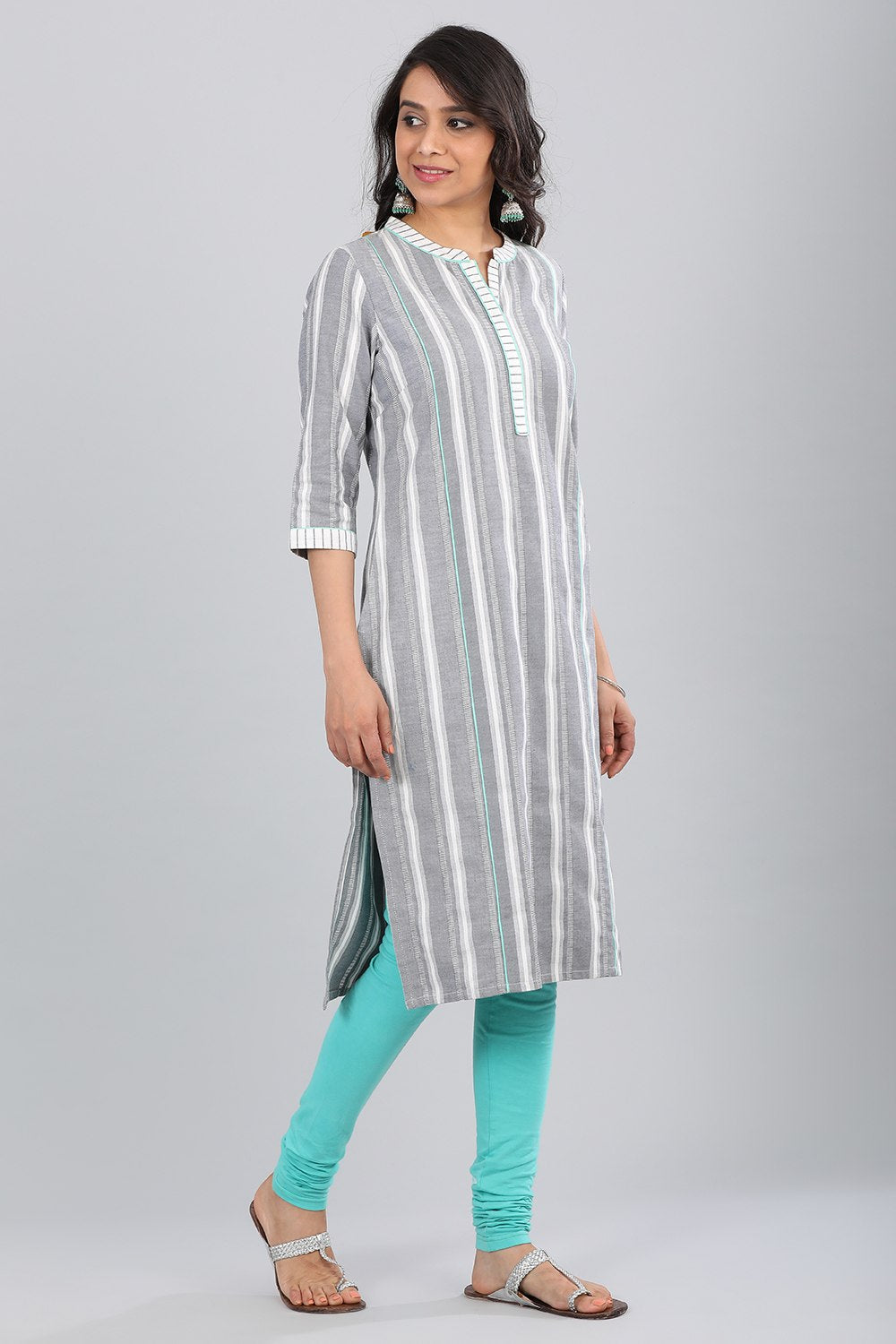 Grey Band Collar Striped kurta