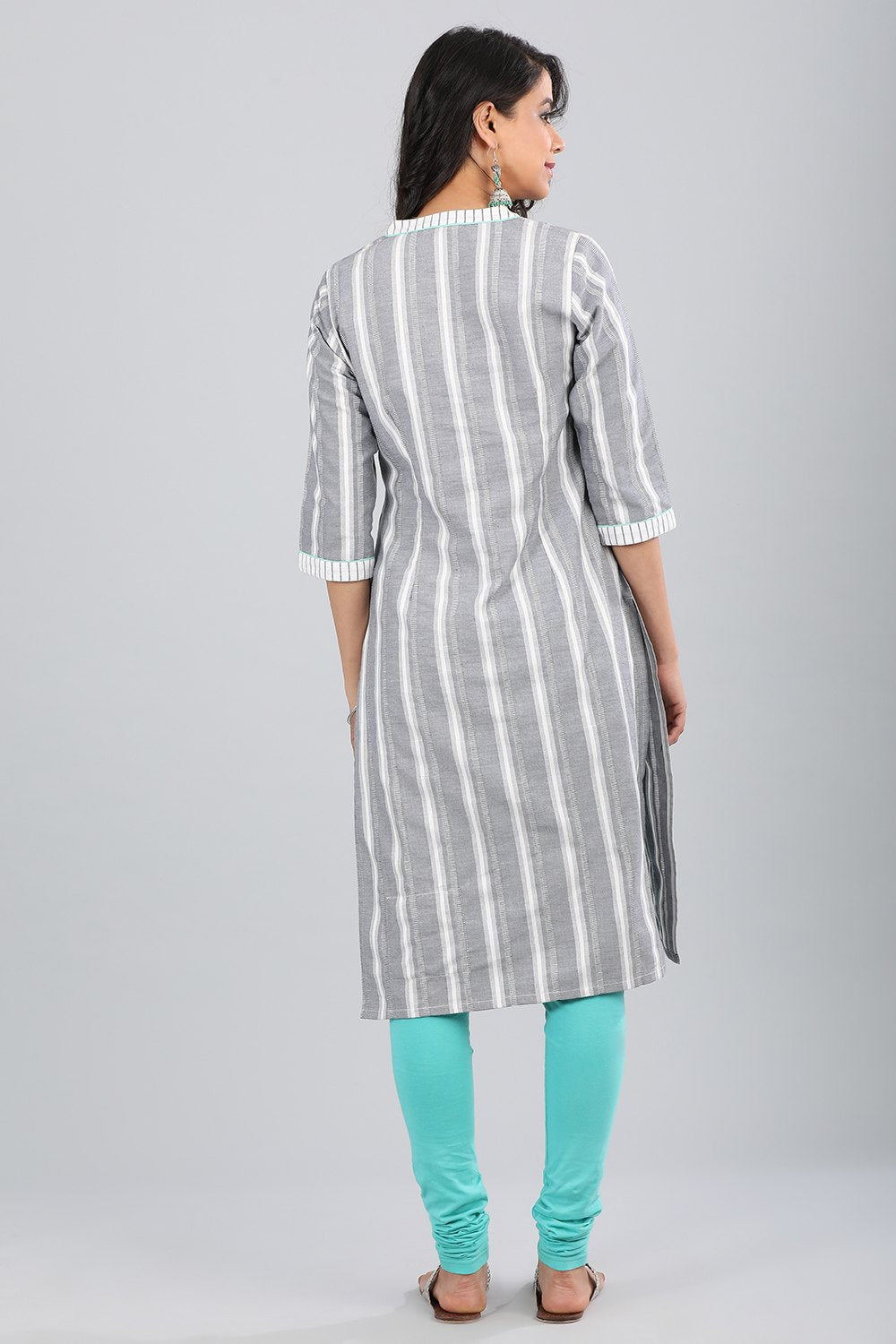 Grey Band Collar Striped kurta