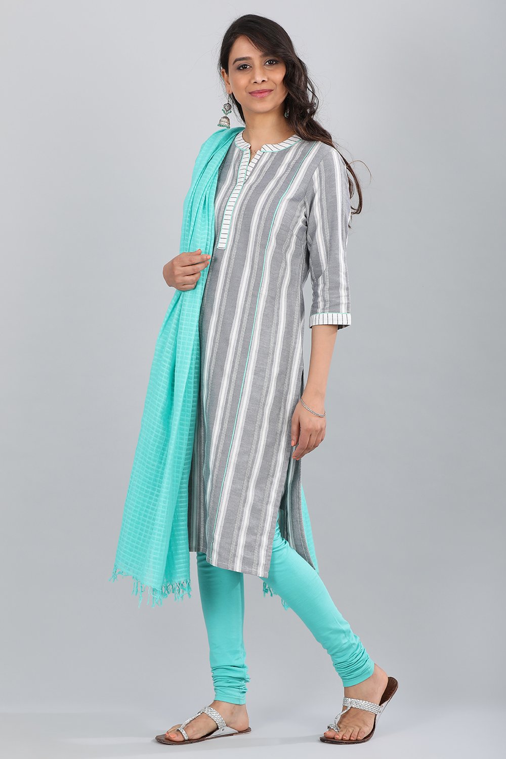 Grey Band Collar Striped kurta