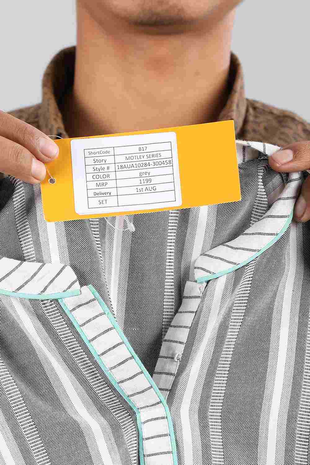 Grey Band Collar Striped kurta