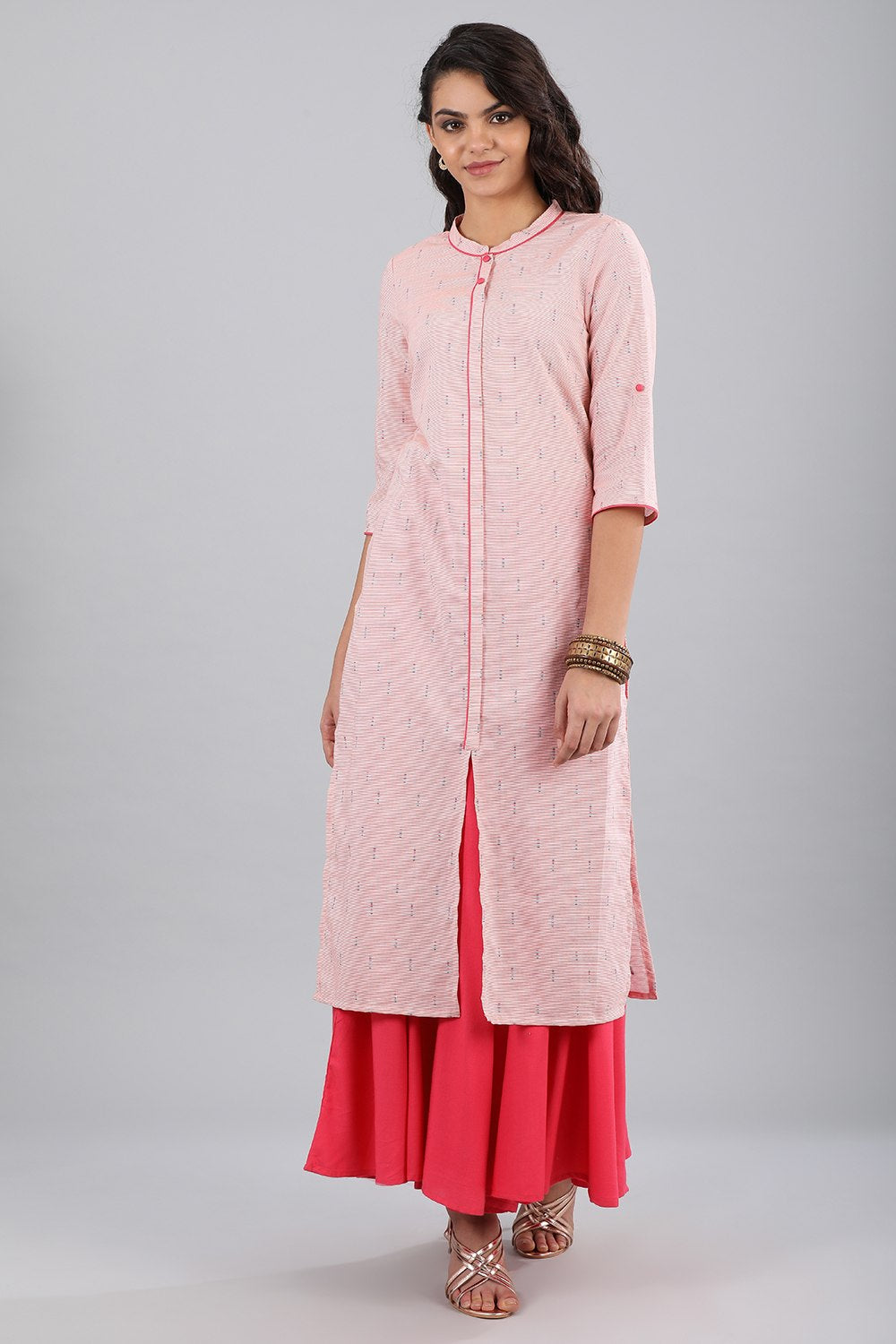 Pink Band Collar Printed kurta