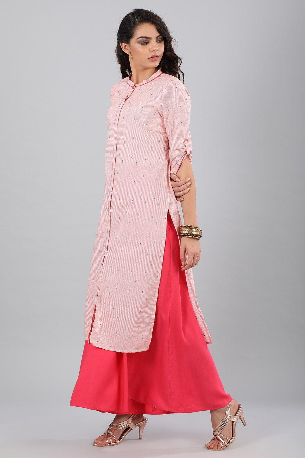 Pink Band Collar Printed kurta