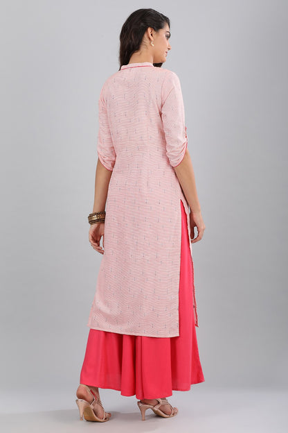 Pink Band Collar Printed kurta