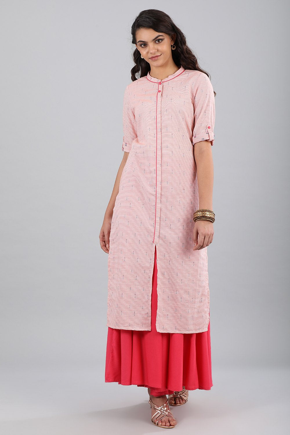 Pink Band Collar Printed kurta