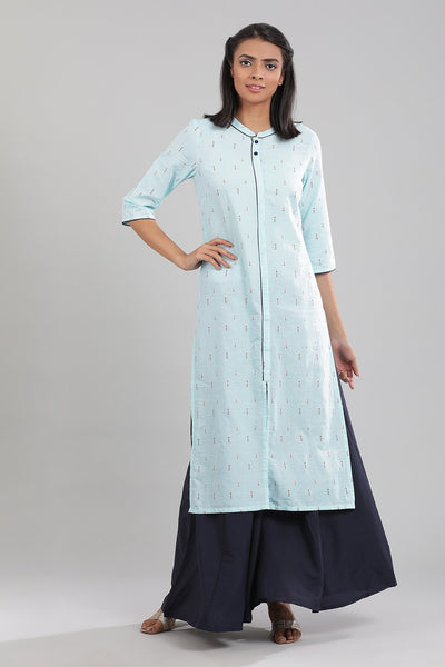 Blue Yarn-dyed Band Collar kurta