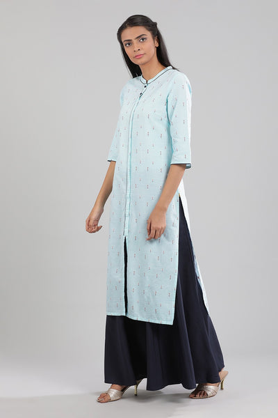 Blue Yarn-dyed Band Collar kurta