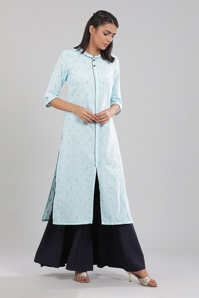 Blue Yarn-dyed Band Collar kurta