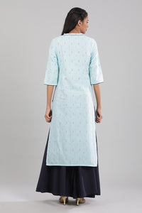 Blue Yarn-dyed Band Collar kurta