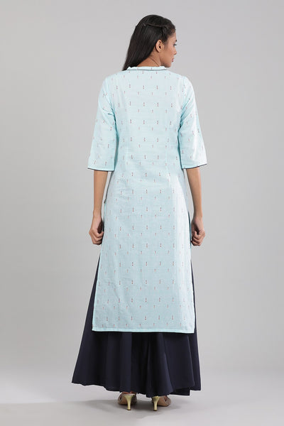 Blue Yarn-dyed Band Collar kurta