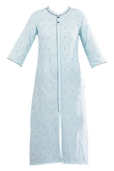 Blue Yarn-dyed Band Collar kurta