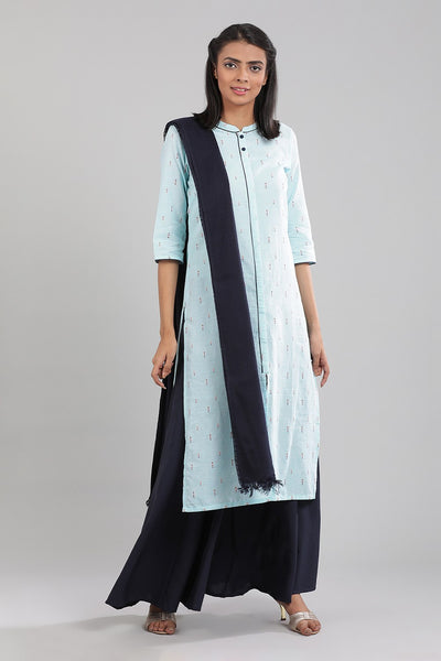 Blue Yarn-dyed Band Collar kurta