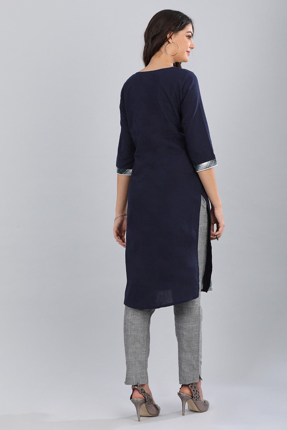 Blue Round Neck Checkered kurta