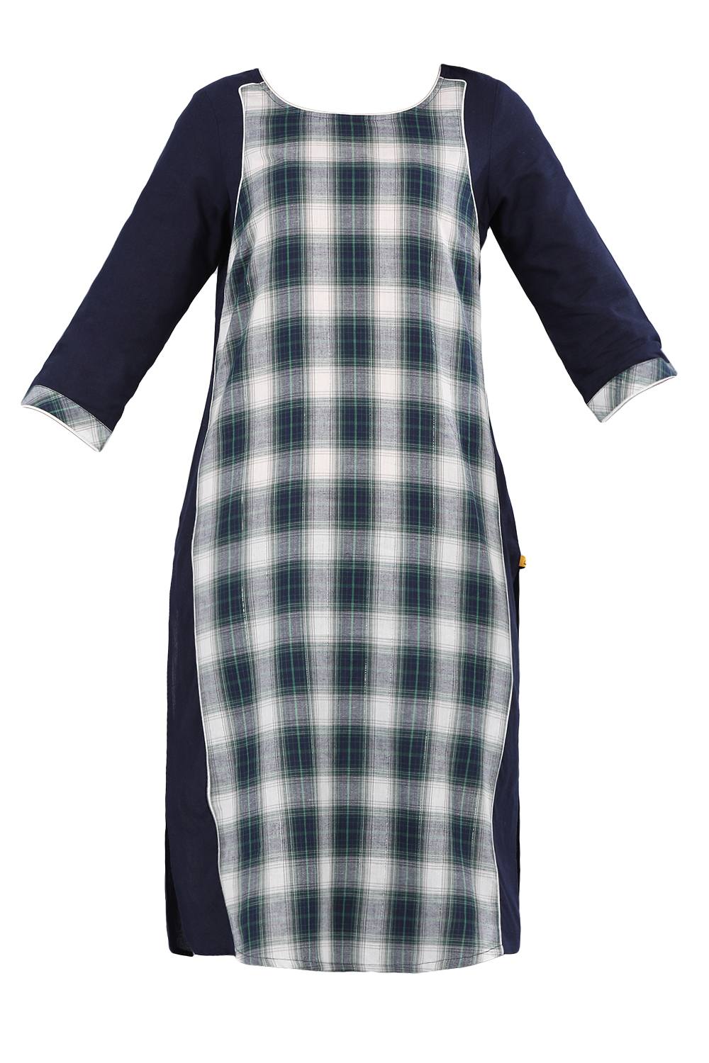 Blue Round Neck Checkered kurta