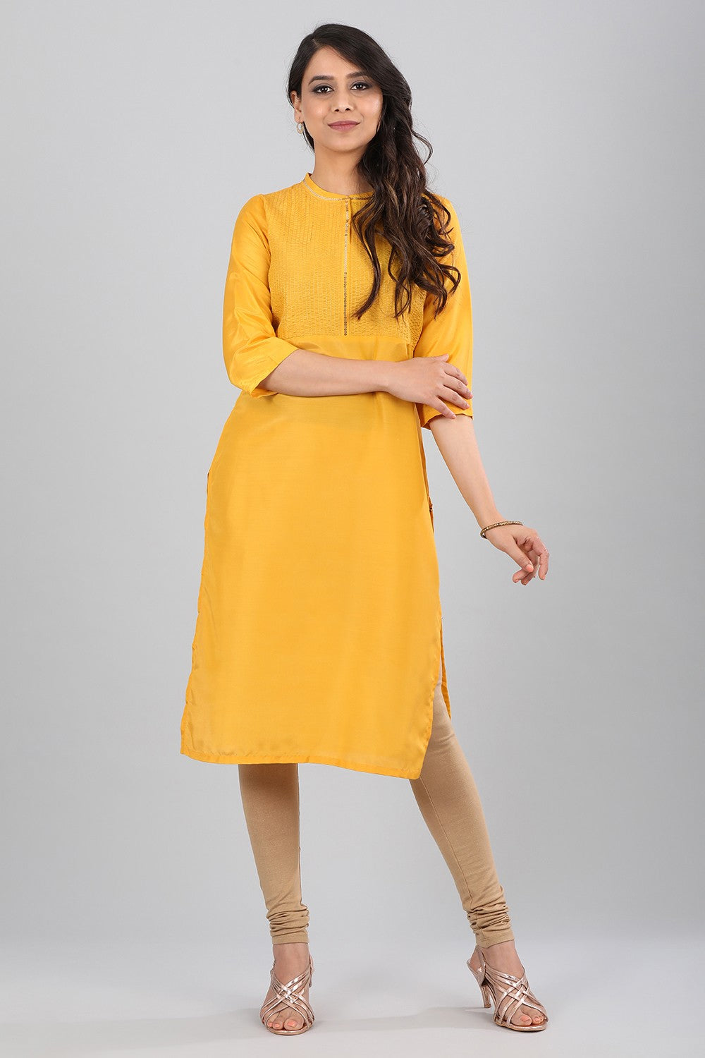 Yellow Band Collar Solid kurta