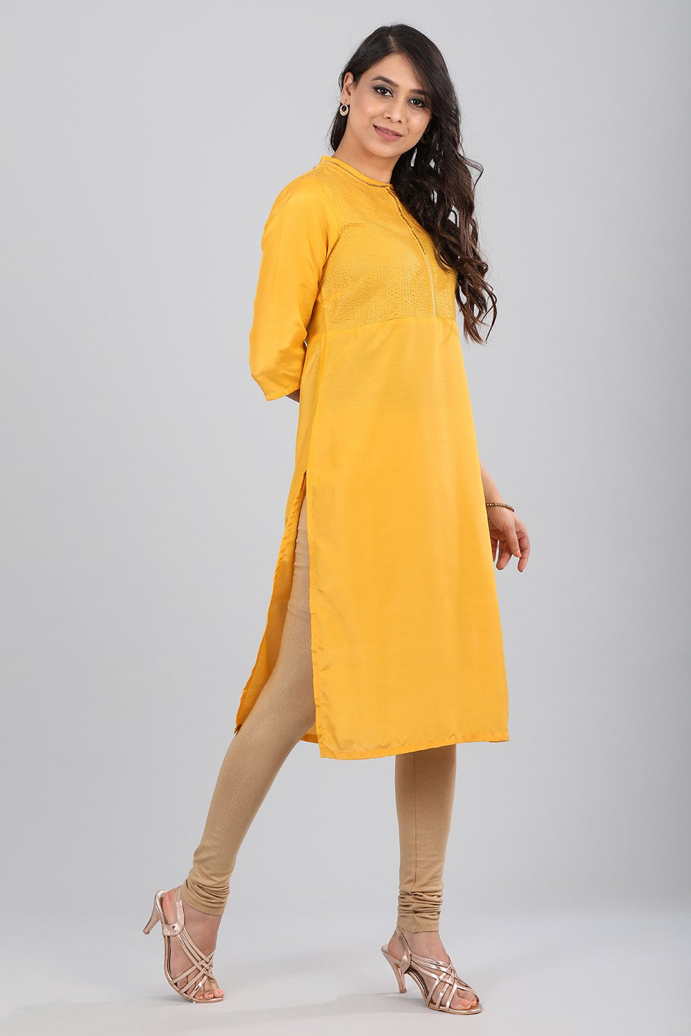 Yellow Band Collar Solid kurta