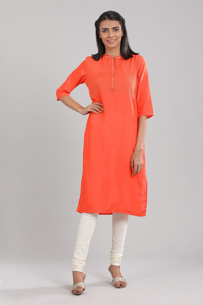 Orange Band Collar Solid kurta