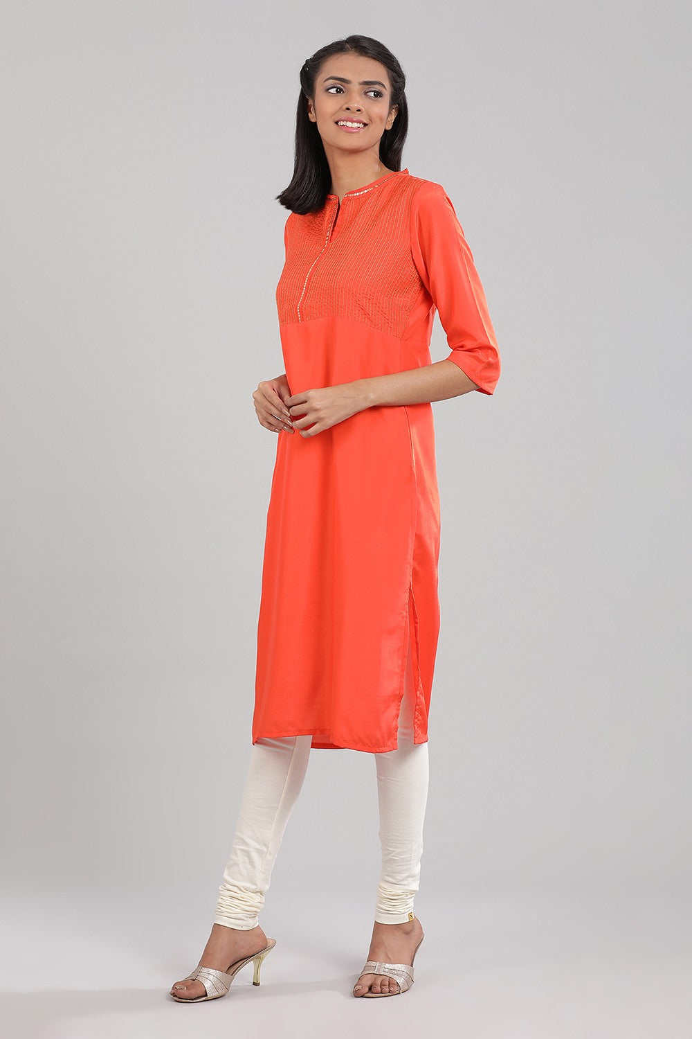 Orange Band Collar Solid kurta