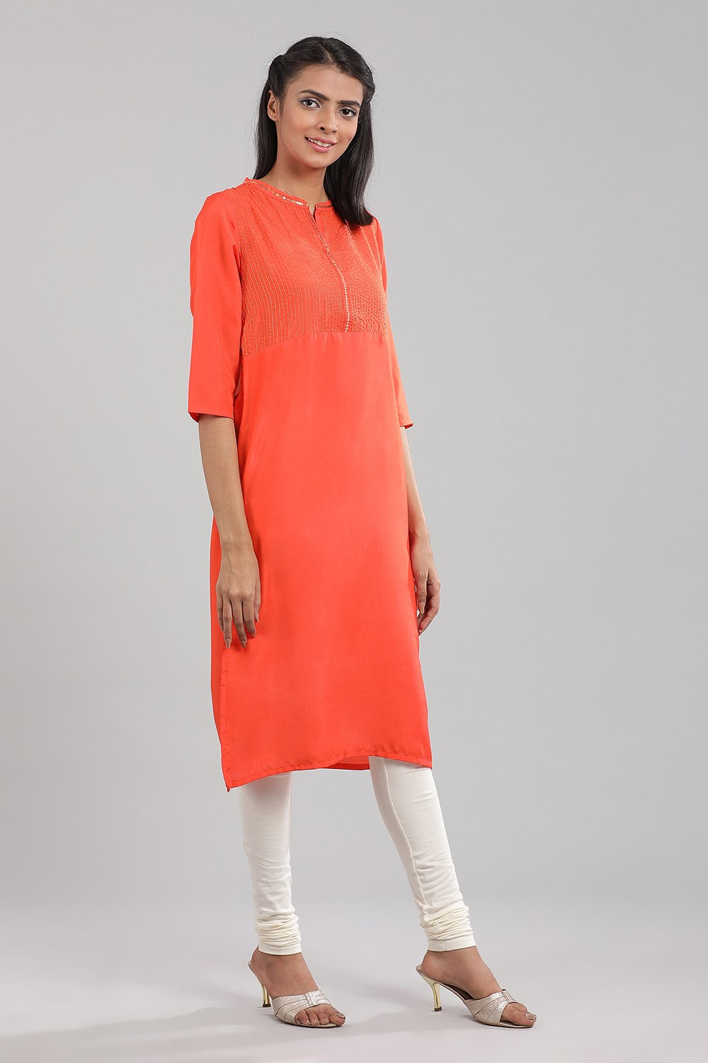 Orange Band Collar Solid kurta