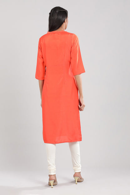 Orange Band Collar Solid kurta