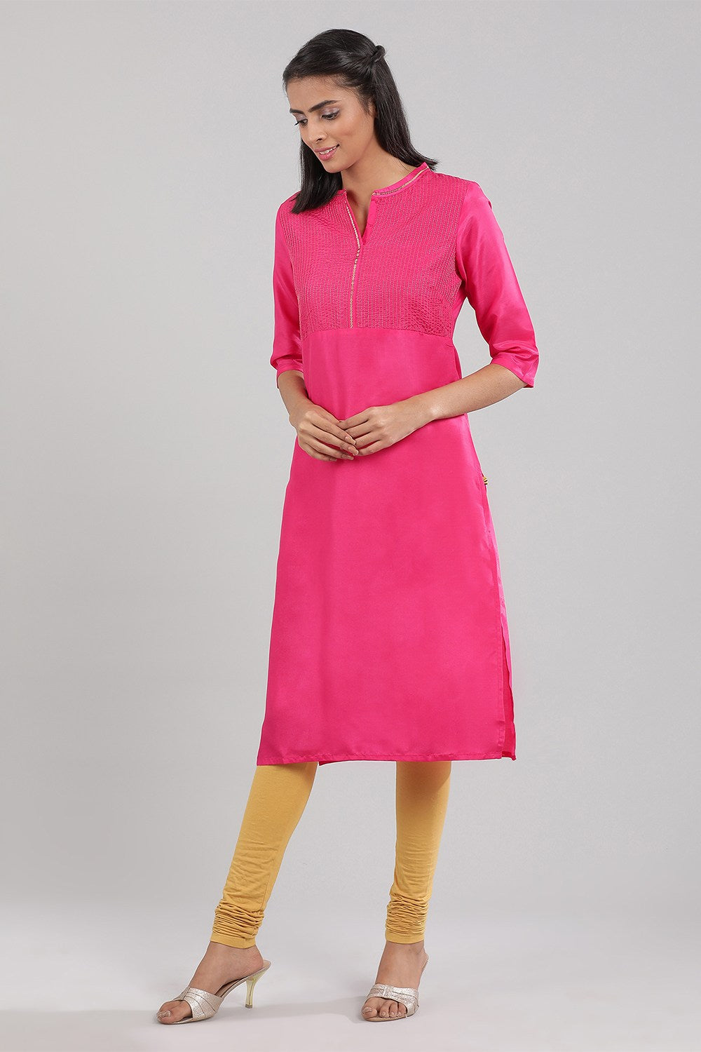 Pink Band Collar Solid kurta