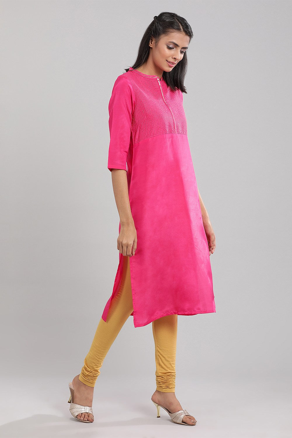 Pink Band Collar Solid kurta
