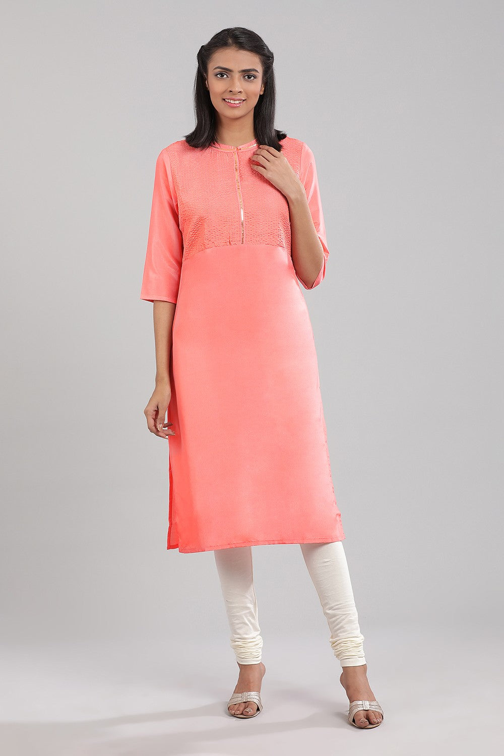 Pink Band Collar Solid kurta