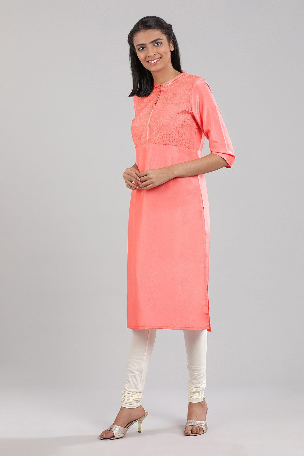 Pink Band Collar Solid kurta