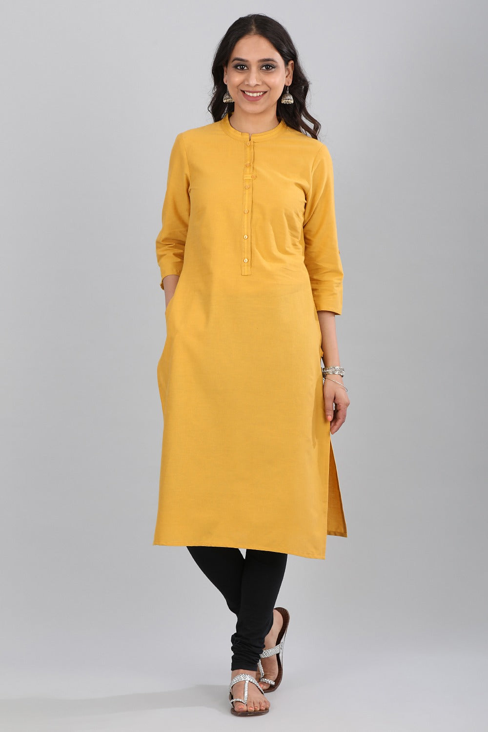 Yellow Mandarin Neck Solid kurta