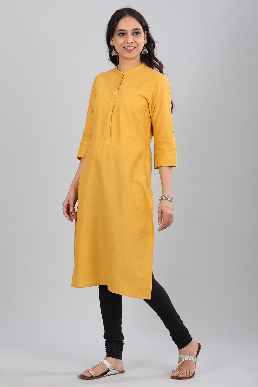 Yellow Mandarin Neck Solid kurta