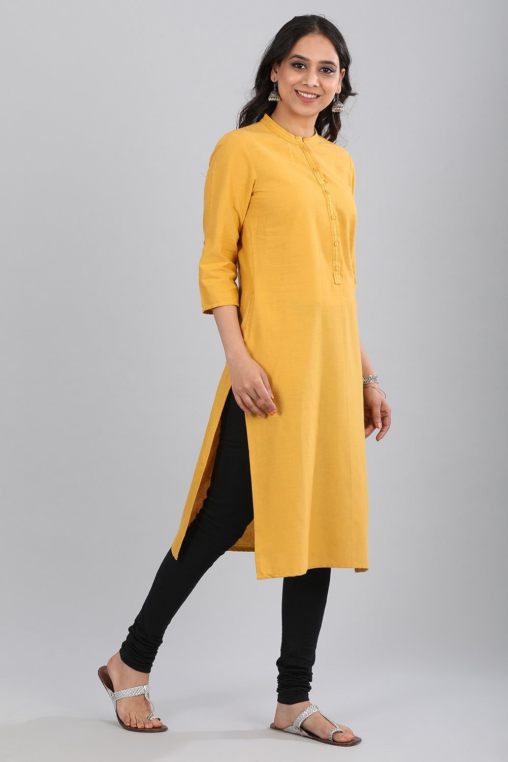 Yellow Mandarin Neck Solid kurta