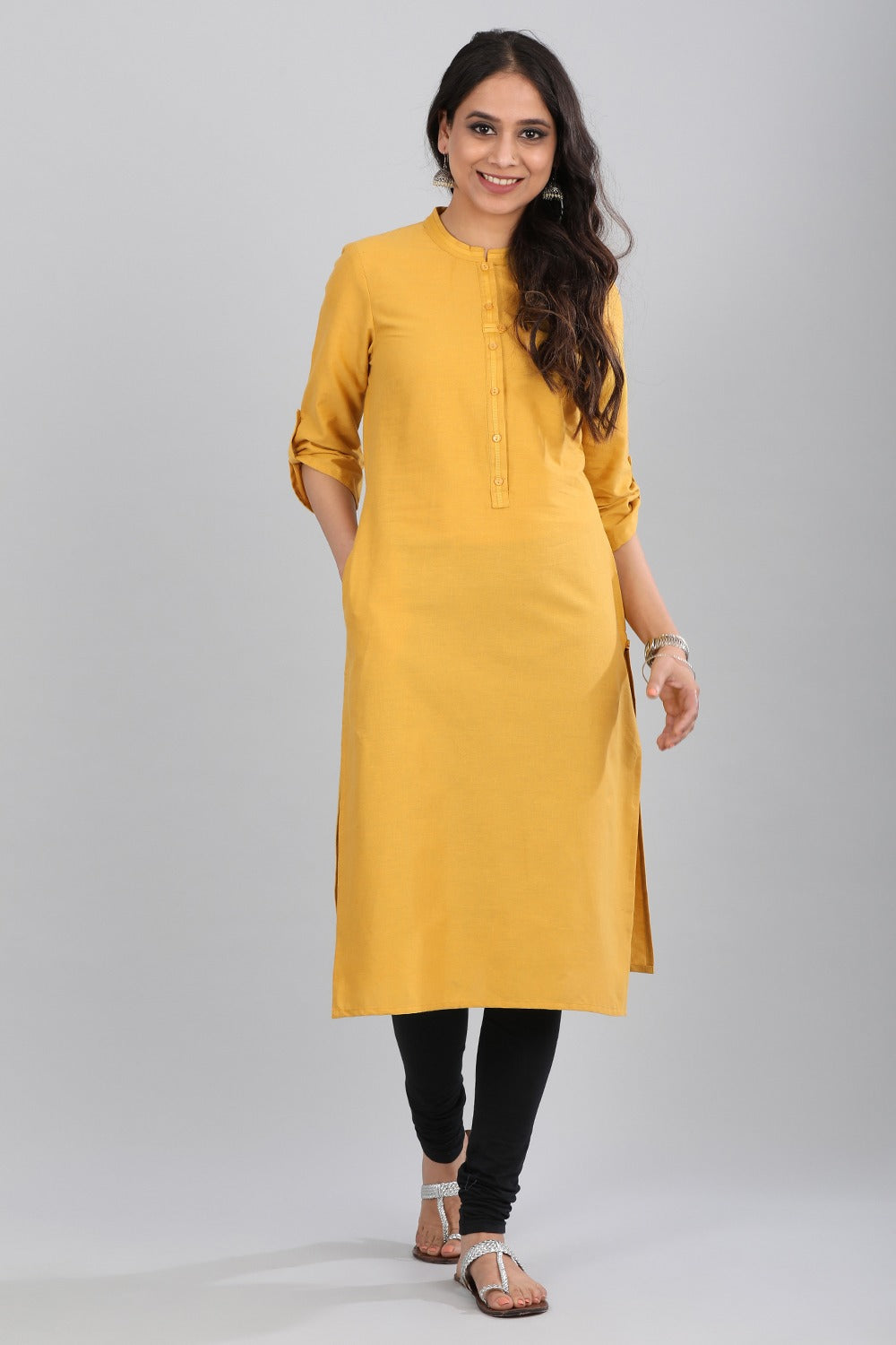 Yellow Mandarin Neck Solid kurta