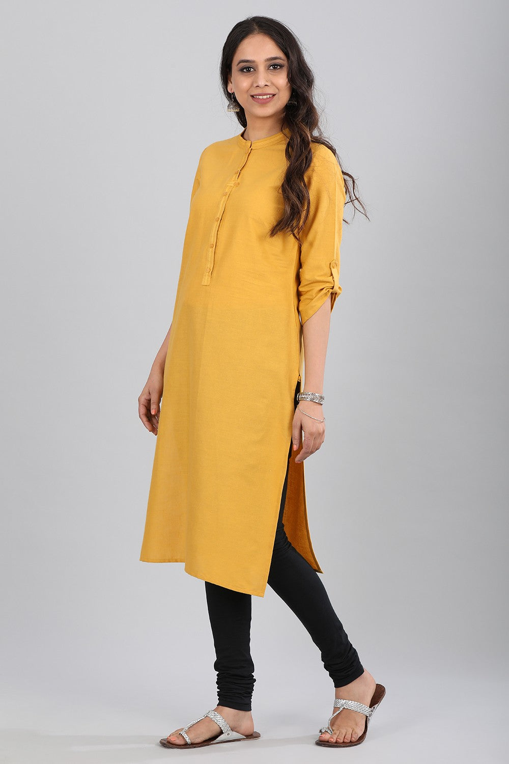 Yellow Mandarin Neck Solid kurta