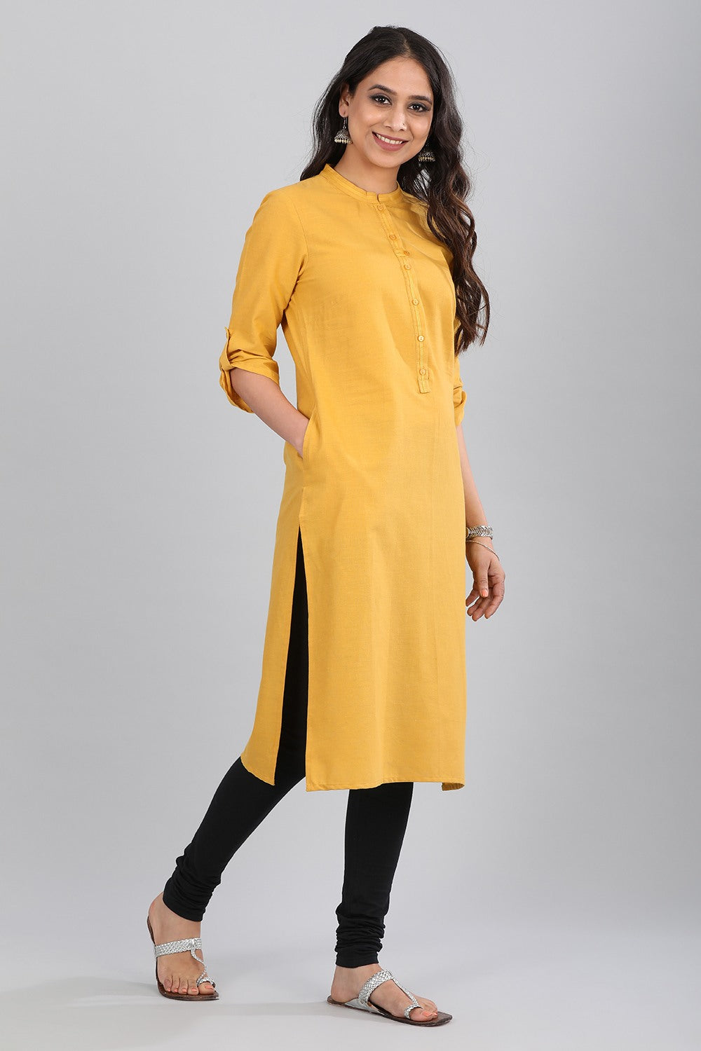 Yellow Mandarin Neck Solid kurta