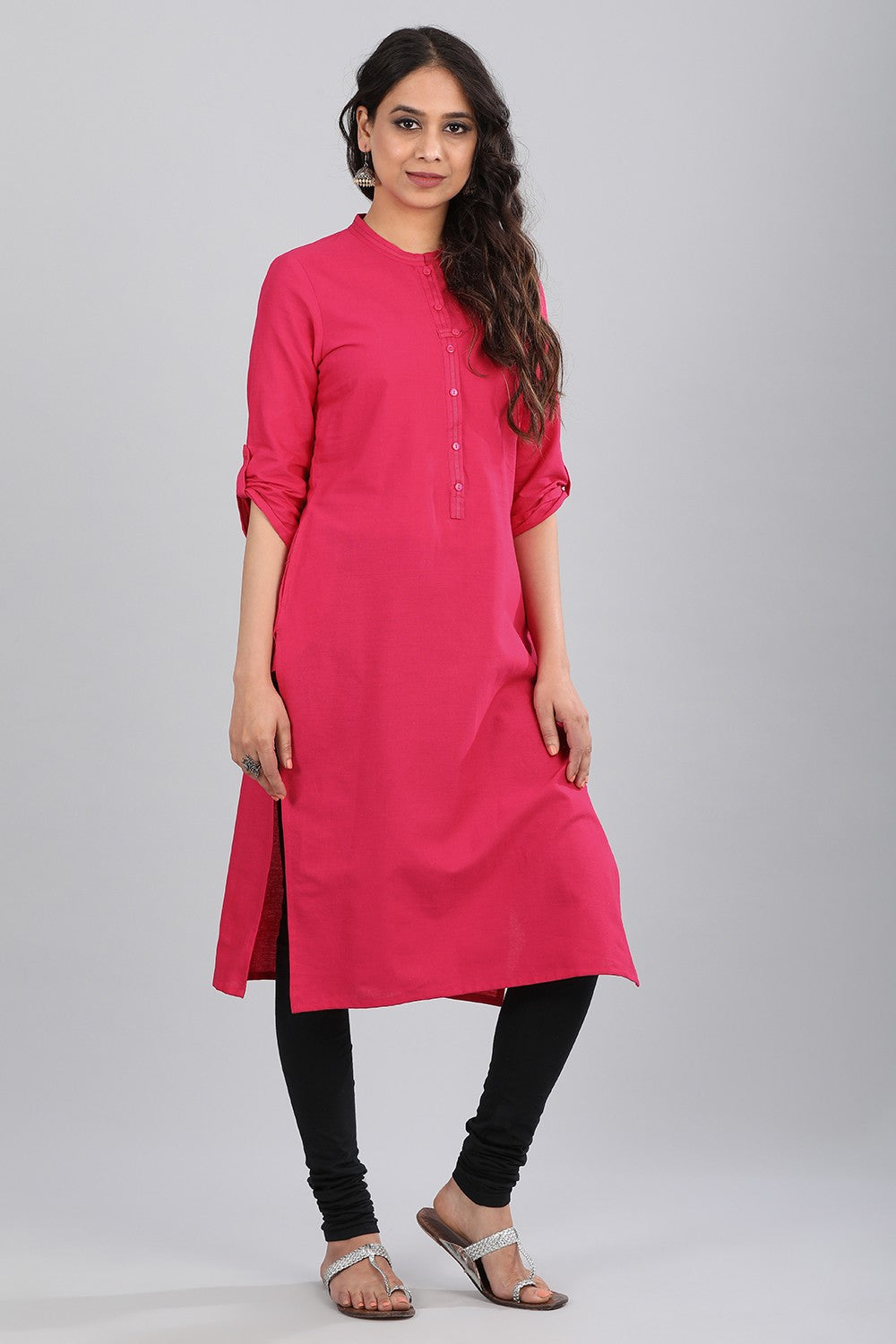 Pink Mandarin Neck Solid kurta