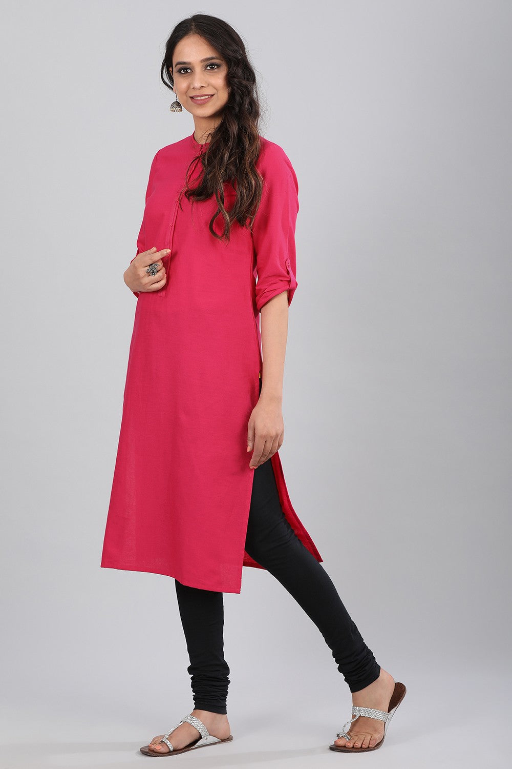 Pink Mandarin Neck Solid kurta