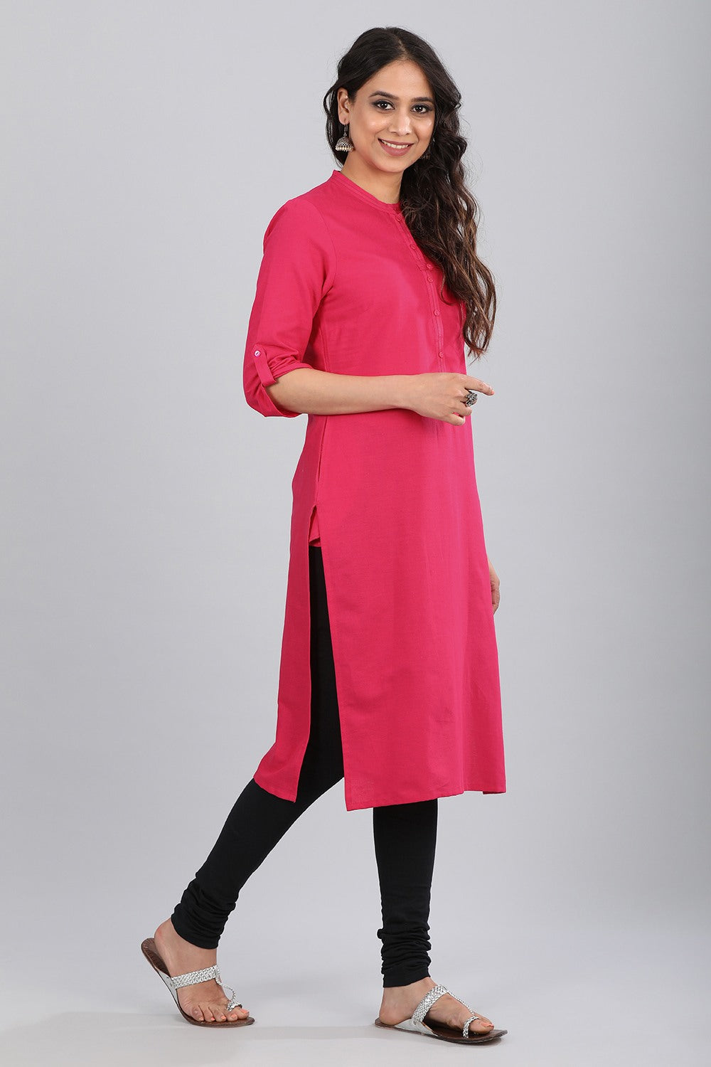 Pink Mandarin Neck Solid kurta