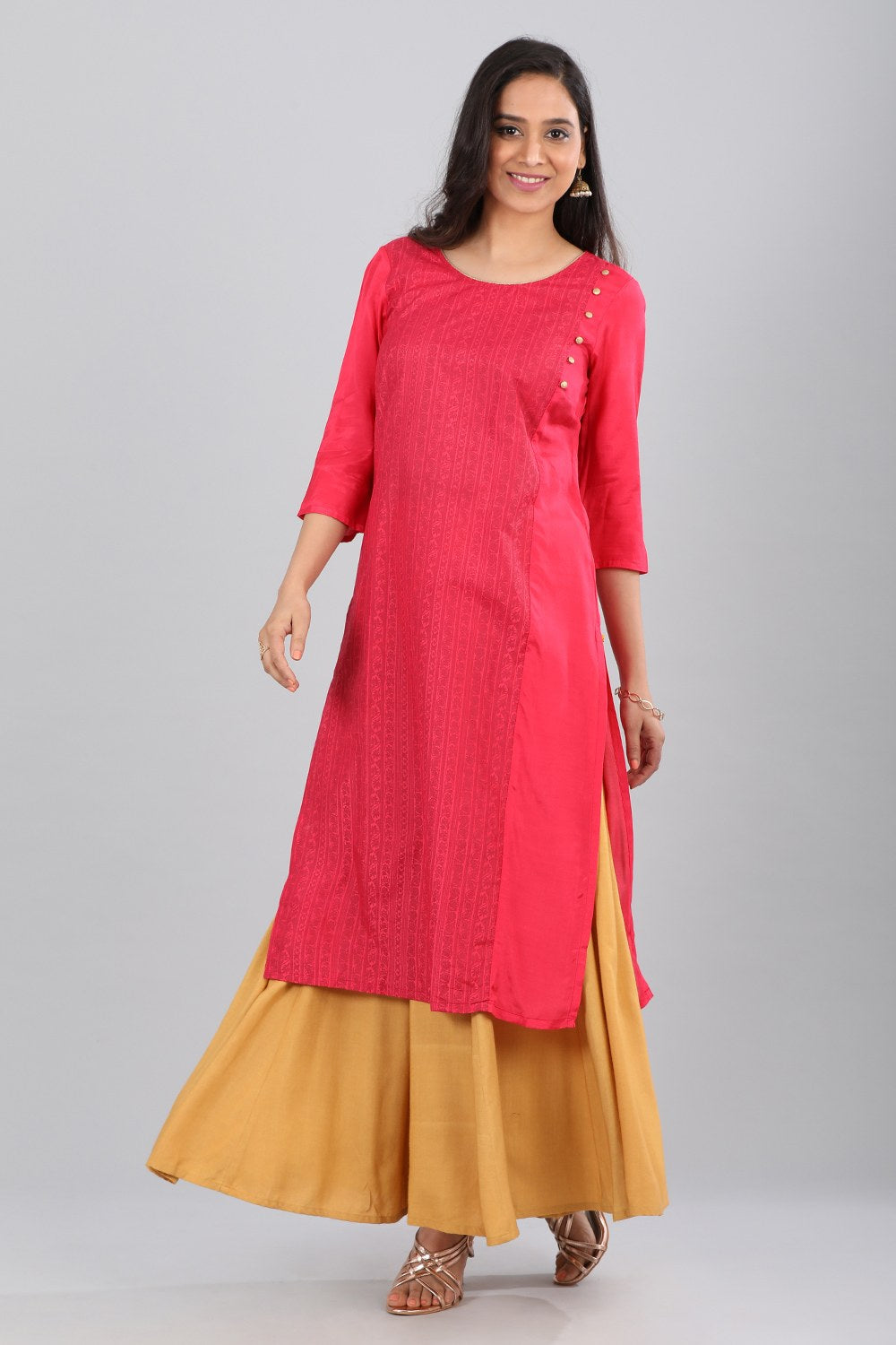 Pink Round Neck Printed kurta