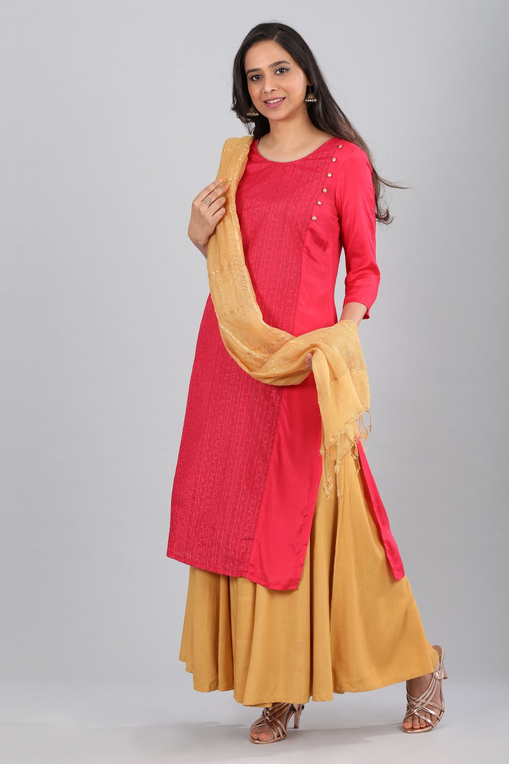 Pink Round Neck Printed kurta