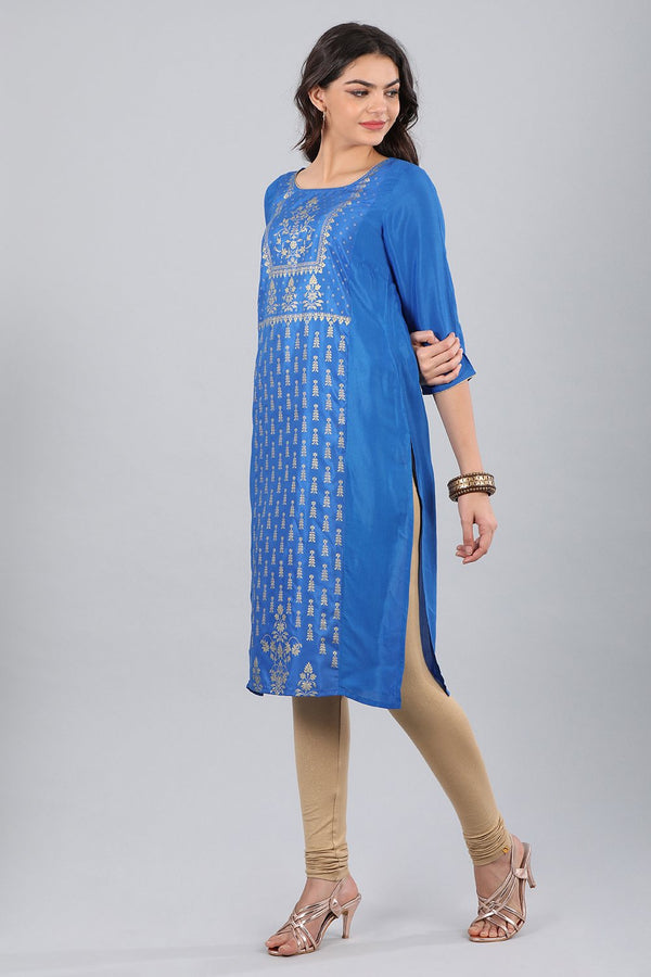 Blue Round Neck Printed kurta