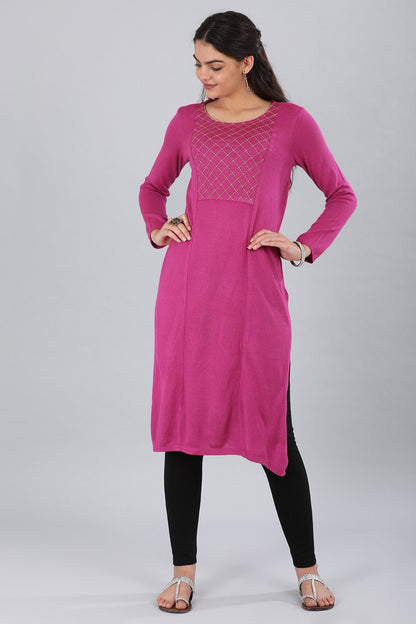 Pink Round Neck Yarn-dyed Winter kurta