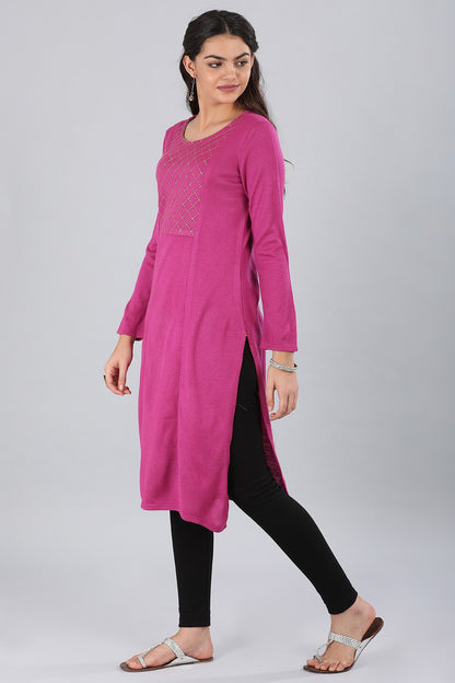 Pink Round Neck Yarn-dyed Winter kurta