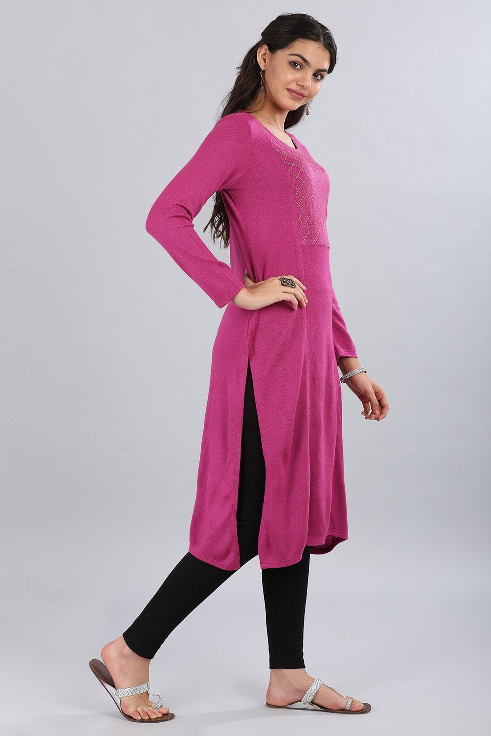 Pink Round Neck Yarn-dyed Winter kurta