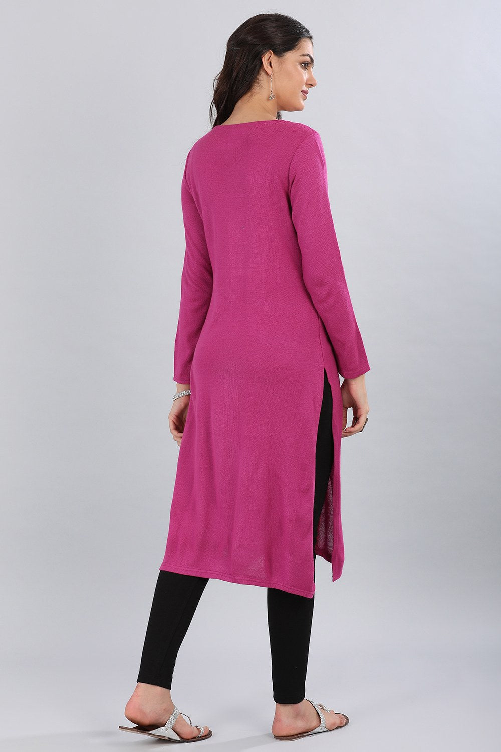 Pink Round Neck Yarn-dyed Winter kurta